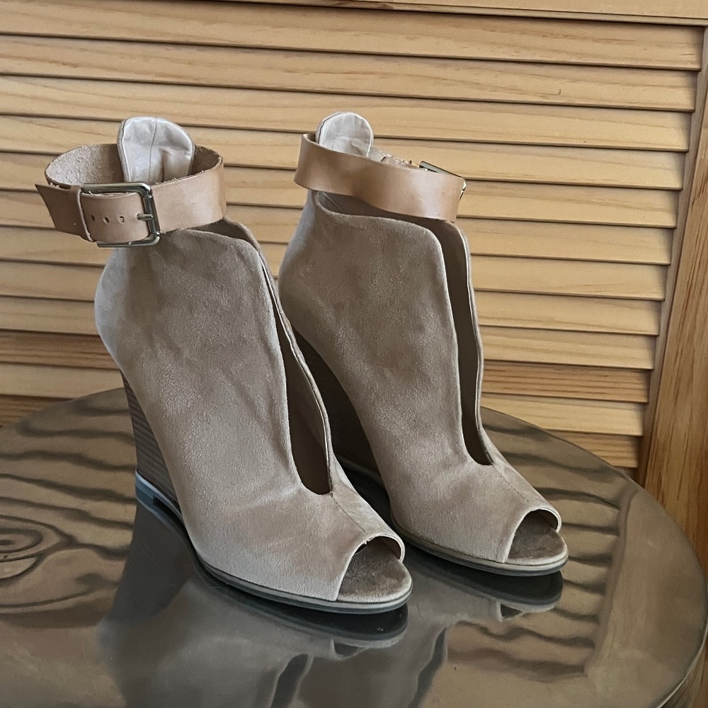 Zigi Soho Taupe Suede Peep-Toe Ankle Wedge with Tan Leather Strap